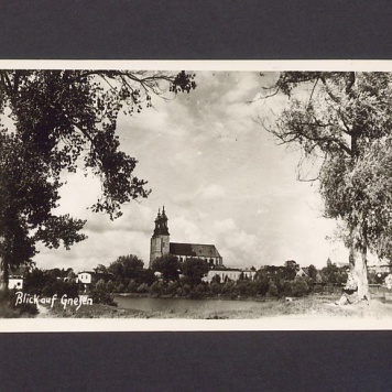 Widok z zachodniego brzegu jeziora Jelonek na gnieźnieńską katedrę.