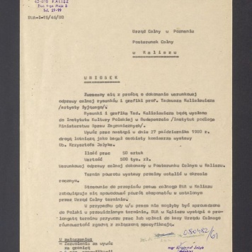 Wniosek o dokonanie warunkowej odprawy celnej rysunków i grafiki prof. Tadeusza Kulisiewicza