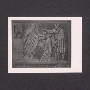 Płaskorzeźba ojca Efrema. Św. Wojciech ofiarowany na służbę Bogu przez rodziców.