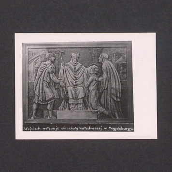 Płaskorzeźba ojca Efrema. Św. Wojciech wstępuje do szkoły katedralnej w Magdeburgu.