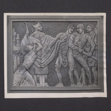 Płaskorzeźba Ojca Efrema. Św. Wojciech występuje w obronie grzesznej niewiasty.