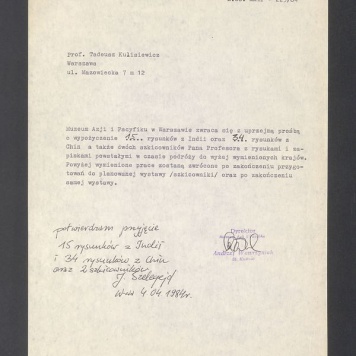 Prośba o wypożyczenie prac T. Kulisiewicza dla Muzeum Azji i Pacyfiku w Warszawie