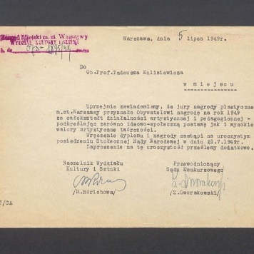 Uprzejmie zawiadamiamy, że jury nagrody plastycznej m. st. Warszawy przyznało Obywatelowi nagrodę [...]