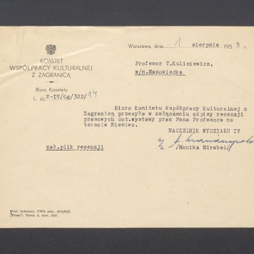 Biuro Komitetu Współpracy Kulturalnej z Zagranicą przesyła w załączeniu odpisy recenzji [...]