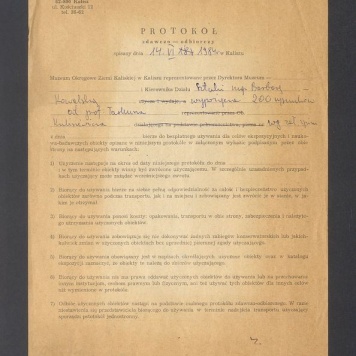 Protokół zdawczo-odbiorczy wypożyczenia prac T. Kulisiewicza dla  Muzeum Okręgowego Ziemi Kaliskiej