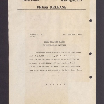 Press release. Poland makes new payment on export-import bank loan