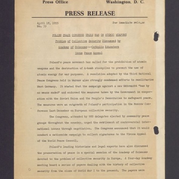 Press release. Polish peace congress urges ban on atomic weapons