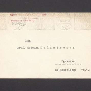 Koperta, adr. Pan Prof. Tadeusz Kulisiewicz