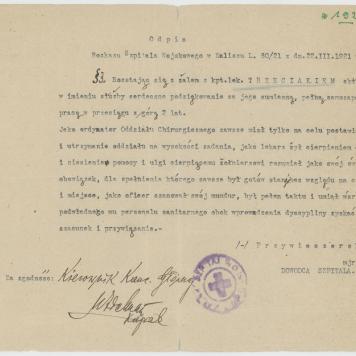 Odpis rozkazu Szpitala Wojskowego w Kaliszu dot. Mieczysława Trzeciaka