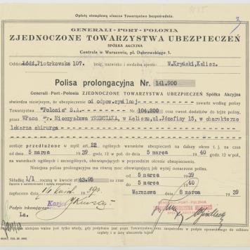 Polisa prolongacyjna na nazwisko Mieczysława Trzeciaka