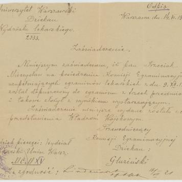 Zaświadczenie potwierdzające złożenie przez Mieczysława Trzeciaka egzaminu z trzech przedmiotów