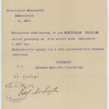 Zaświadczenie o promocji Mieczysława Trzeciaka na tytuł doktora