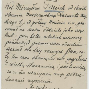 Zaświadczenie o pracy Mieczysława Trzeciaka w Warszawskim Lazarecie Miejskim