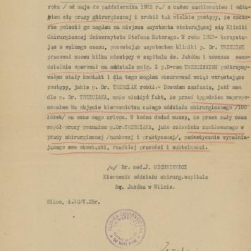 Zaświadczenie o zatrudnieniu Mieczysława Trzeciaka na oddz. chirurgii Szpitala św. Jakóba w Wilnie