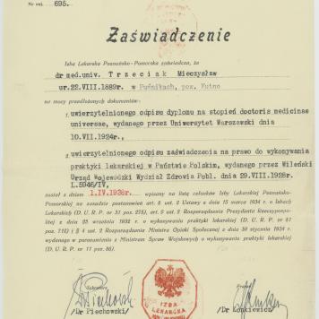 Zaświadczenie informujące o wpisaniu Mieczysława Trzeciaka na listę członków Izby Lekarskiej
