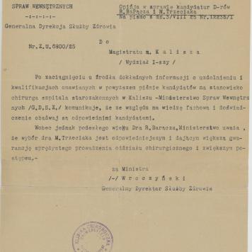 Odpis pisma do Mieczysława Trzeciaka ws. jego wyboru na stanowisko chirurga Szpitala Starozakonnych w Kaliszu