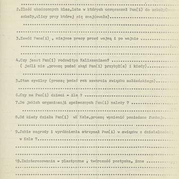 Blankiet kwestionariusza osobowego dla członków Koła Miłośników Folkloru Miasta Kalisza