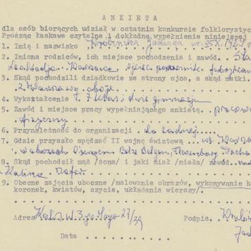 Jadwiga Wrubińska - ankieta osobowa