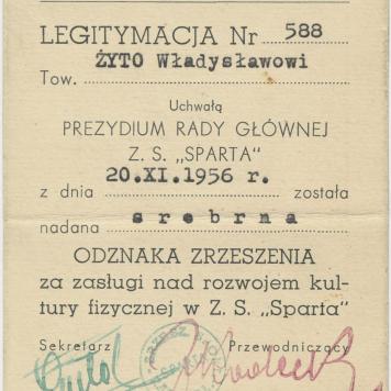 Legitymacja Zrzeszenia Sportowego „Sparta” dla Władysława Żyto